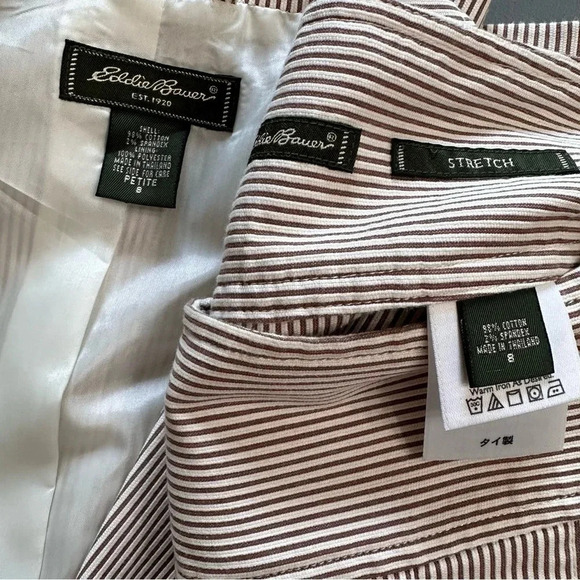 Eddie Bauer stretch tan + white pinstriped skirt & blazer suit Preppy Womens 8 - Picture 9 of 9